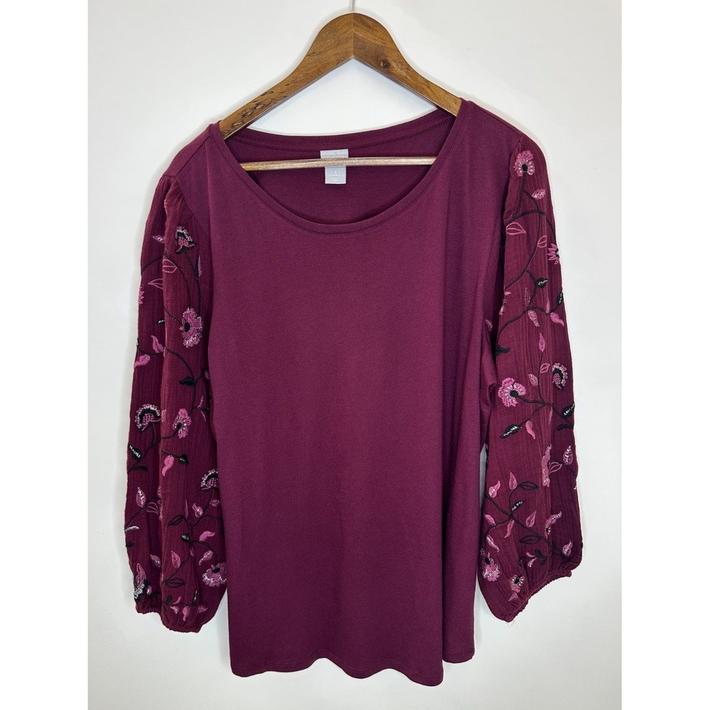 Chico's Embroidered Floral Balloon Sleeve Knit Top Women's Size 3 16 XL Burgundy - Picture 2 of 9